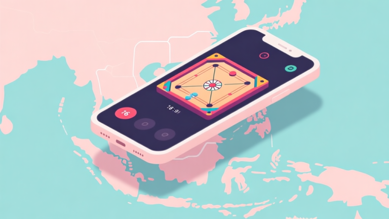 自动生成图片: A minimalist smartphone screen showing a vibrant, stylized carrom board game interface, floating above a map of Indonesia with subtle connectivity lines, soft pastel background, clean and modern illustration high quality illustration, detailed, 16:9