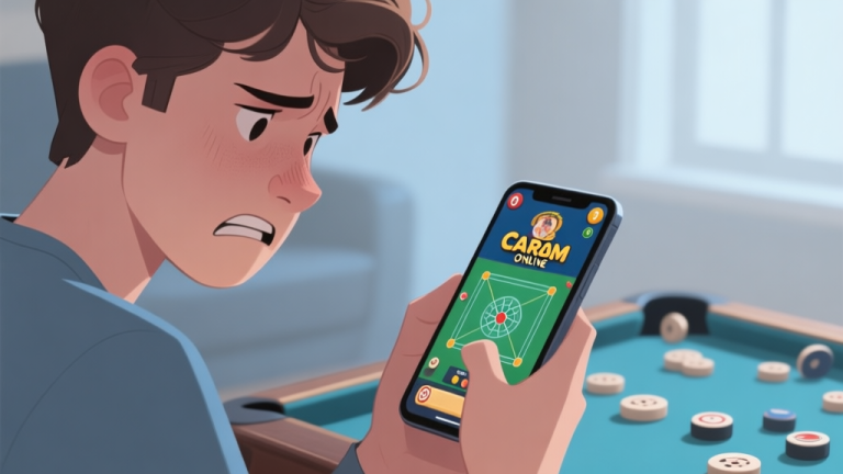 自动生成图片: A frustrated young adult looking at a smartphone screen showing a Carrom online game with scattered pieces, soft natural lighting, muted color palette focusing on blues and greys, digital illustration style high quality illustration, detailed, 16:9