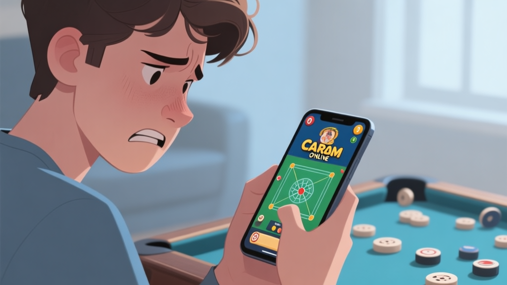 A frustrated young adult looking at a smartphone screen showing a Carrom online game with scattered pieces, soft natural lighting, muted color palette focusing on blues and greys, digital illustration style high quality illustration, detailed, 16:9