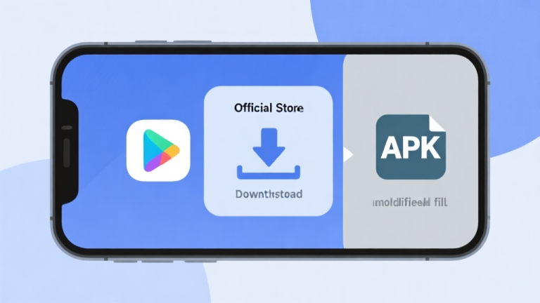 自动生成图片: Abstract illustration of a smartphone screen showing a game download dilemma, one side with an official app store icon and the other with a modified APK file, soft blue and grey color scheme, clean lines, modern minimal style high quality illustration, detailed, 16:9
