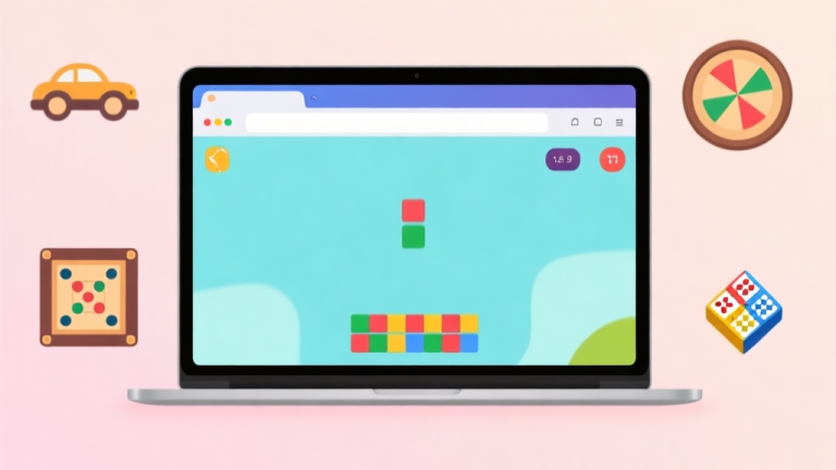 自动生成图片: A modern laptop screen showing a simple, colorful browser-based game interface, surrounded by subtle icons of classic board games like carrom and ludo, soft pastel background, clean and inviting digital illustration high quality illustration, detailed, 16:9