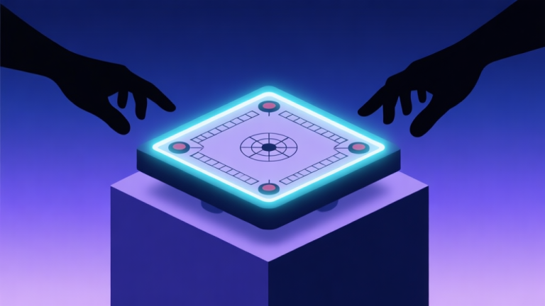 自动生成图片: A modern, minimalist illustration of a digital carrom board with glowing edges, placed on a podium. Silhouettes of hands reaching towards it from the sides, on a soft gradient background of dark blue to purple, symbolizing opportunity and competition. high quality illustration, detailed, 16:9