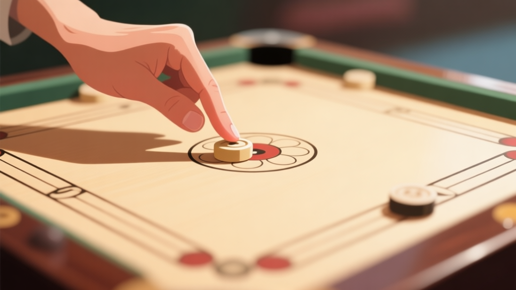 A top-down view of a Carrom board with a striker about to hit a piece, soft focus on the striker's position and finger placement, warm natural lighting, minimalist style with a blurred background high quality illustration, detailed, 16:9