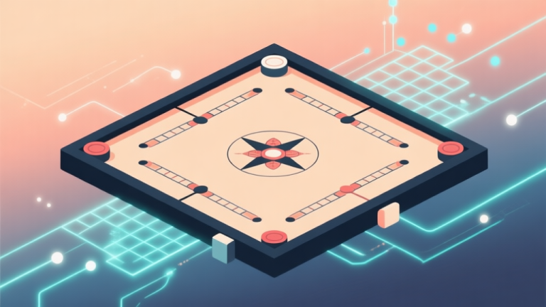 自动生成图片: A minimalist abstract illustration showing a traditional carrom board merging with digital elements like glowing grid lines and data points, soft warm and cool color gradient, clean and modern style high quality illustration, detailed, 16:9