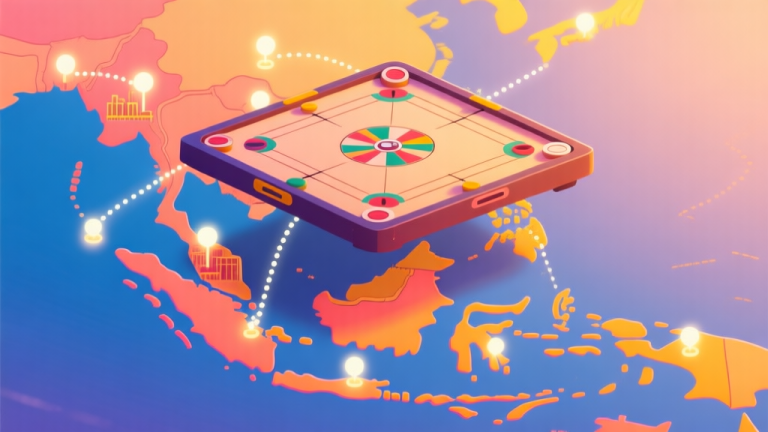 自动生成图片: A vibrant digital illustration showing a stylized carrom board floating above a map of Indonesia, with dotted connection lines rising from major cities, soft glowing nodes representing community hubs, in a warm and inviting color palette with soft gradients high quality illustration, detailed, 16:9