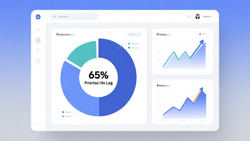 Minimalist business dashboard showing a large pie chart with "65% Prioritas: No Lag" highlighted, alongside smaller graphs trending upwards, soft blue and grey gradient background, clean modern interface high quality illustration, detailed, 16:9