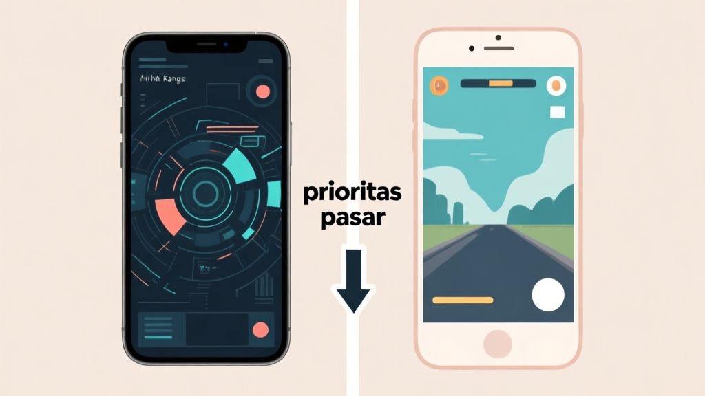 A split-screen illustration showing a high-end smartphone with complex graphics on one side and a mid-range phone with clean, smooth gameplay on the other, connected by a downward trending arrow labeled "prioritas pasar", soft neutral background, minimalist design high quality illustration, detailed, 16:9