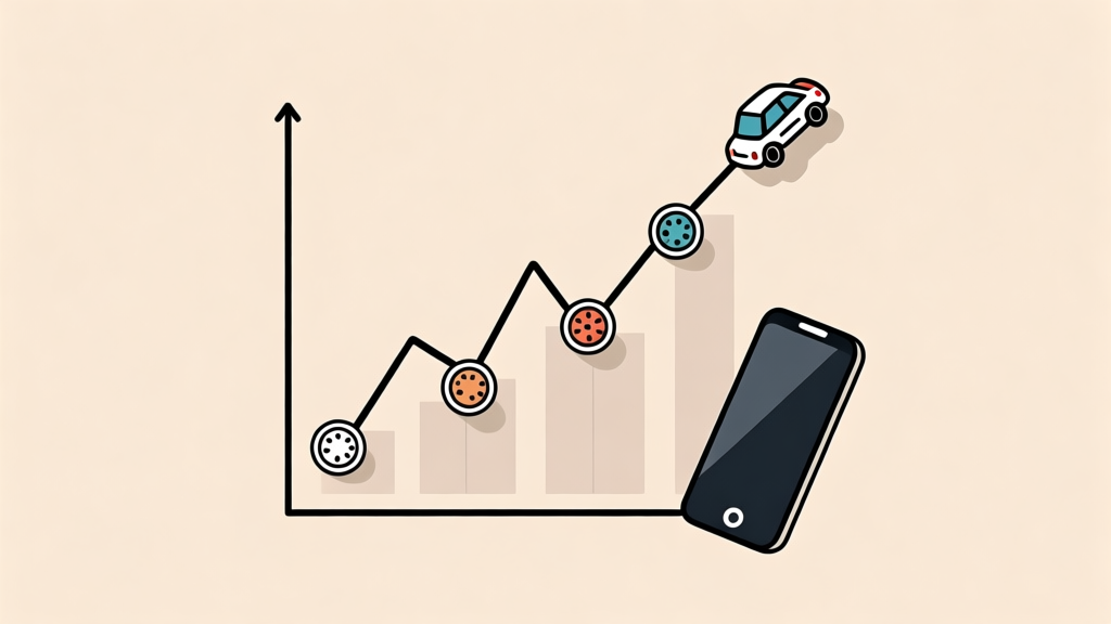 A minimalist line graph showing a rising trend on a soft beige background, with small stylized carrom pieces and a smartphone icon integrated into the design, clean and professional data visualization style high quality illustration, detailed, 16:9