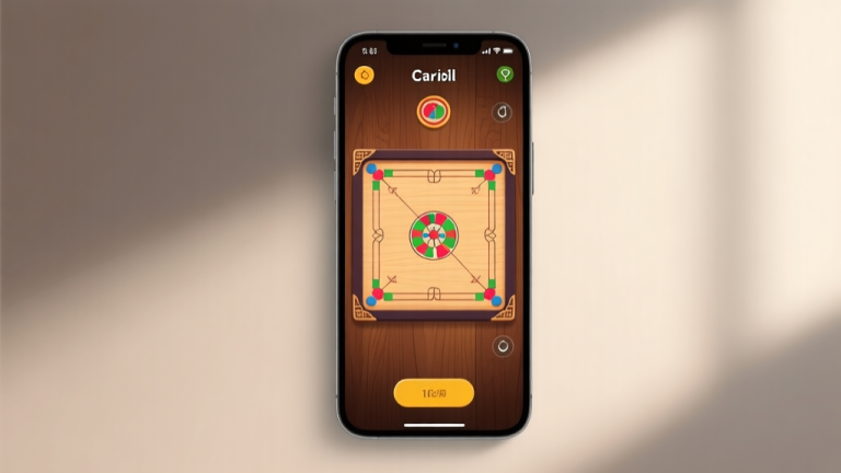 自动生成图片: A modern smartphone screen displaying a vibrant digital Carrom board game interface, with subtle traditional wood texture in the background, soft lighting, minimalist and clean composition high quality illustration, detailed, 16:9