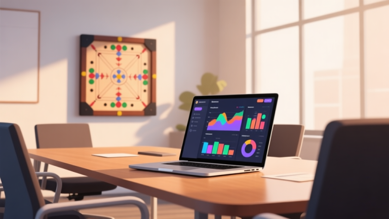 自动生成图片: A cozy, modern office meeting room with a laptop open showing colorful game analytics dashboards, a carrom board in the background, soft natural lighting, warm and professional atmosphere, minimalist style high quality illustration, detailed, 16:9