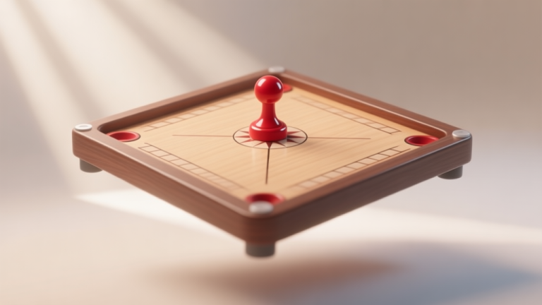 自动生成图片: A stylized 3D render of a carrom board hovering in a soft, neutral digital space, with subtle light rays highlighting the smooth wooden texture and the glossy finish of a red striker, minimalist and clean composition high quality illustration, detailed, 16:9