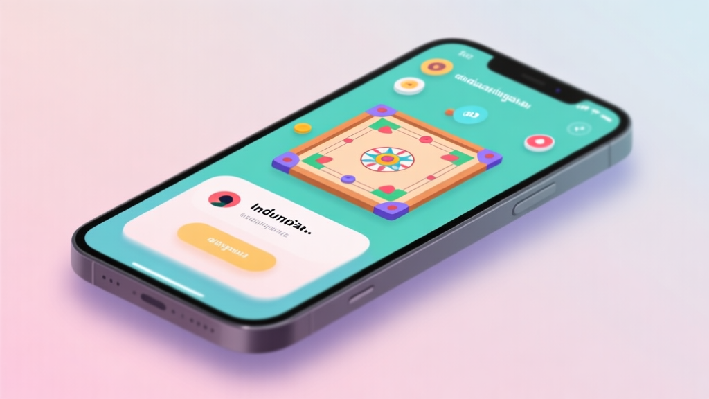 A modern smartphone screen displaying a vibrant digital carrom board game interface, soft pastel color palette, clean icons and Indonesian language text, minimalist design with subtle shadows and depth high quality illustration, detailed, 16:9