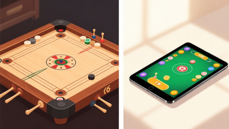 自动生成图片: Split-screen illustration showing a classic wooden carrom board with physical strikers on one side, and a sleek digital tablet displaying a vibrant carrom game interface on the other, soft natural lighting, minimalist composition high quality illustration, detailed, 16:9