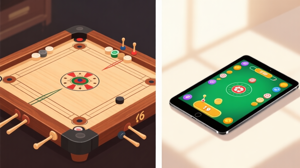 Split-screen illustration showing a classic wooden carrom board with physical strikers on one side, and a sleek digital tablet displaying a vibrant carrom game interface on the other, soft natural lighting, minimalist composition high quality illustration, detailed, 16:9