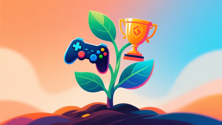 自动生成图片: A vibrant, abstract illustration of a growing plant with leaves shaped like game controllers and esports trophies, set against a soft gradient background of warm orange and cool blue, symbolizing growth and community in gaming high quality illustration, detailed, 16:9