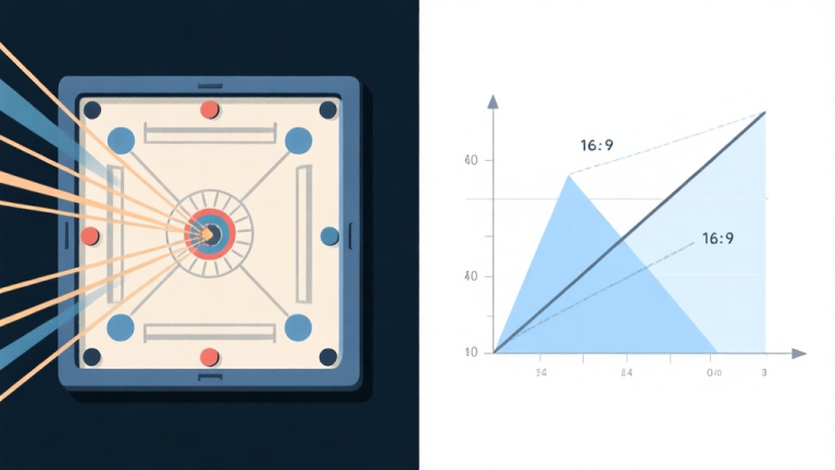 自动生成图片: A split-screen illustration showing a stylized carrom board on one side with exaggerated, myth-based shot lines, and a clean, data-driven diagram on the other side showing precise angles and force vectors, using a soft blue and grey color scheme, minimalist digital art style high quality illustration, detailed, 16:9