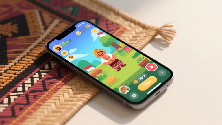 自动生成图片: A modern smartphone screen showing a vibrant mobile game interface with Indonesian cultural elements, resting on a traditional woven 'tikar' mat, soft natural lighting, minimalist composition high quality illustration, detailed, 16:9