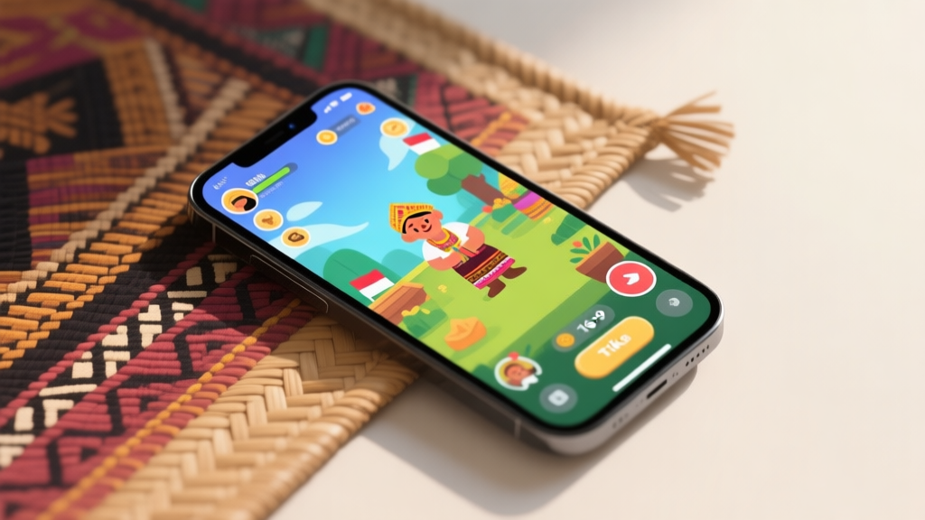 A modern smartphone screen showing a vibrant mobile game interface with Indonesian cultural elements, resting on a traditional woven 'tikar' mat, soft natural lighting, minimalist composition high quality illustration, detailed, 16:9