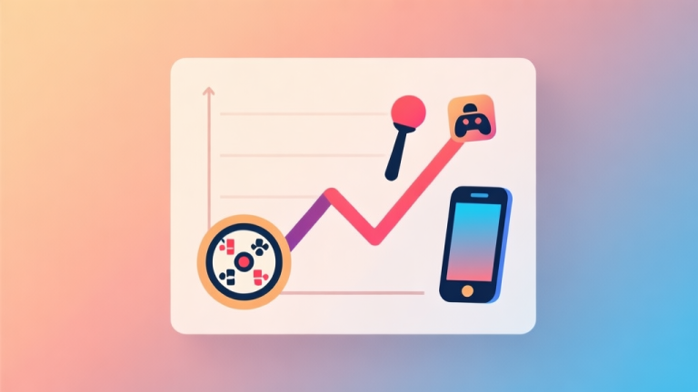 自动生成图片: A modern, minimalist illustration showing a rising trend line graph integrated with iconic game symbols like a carrom striker and a mobile phone, on a soft gradient background of warm and cool tones, clean professional style high quality illustration, detailed, 16:9
