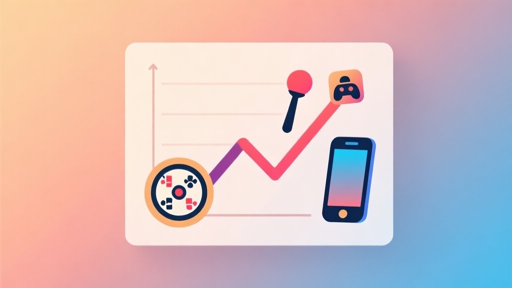A modern, minimalist illustration showing a rising trend line graph integrated with iconic game symbols like a carrom striker and a mobile phone, on a soft gradient background of warm and cool tones, clean professional style high quality illustration, detailed, 16:9