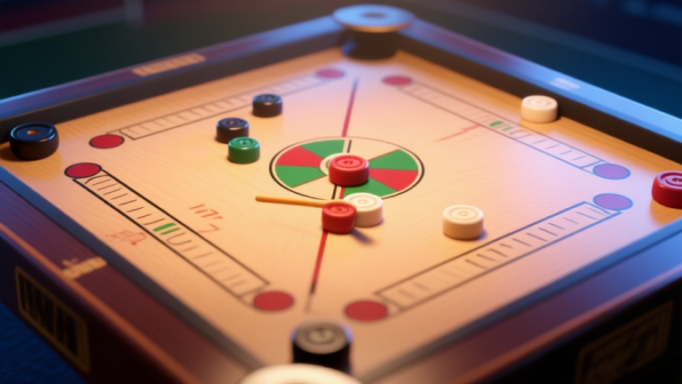 自动生成图片: A focused overhead view of a carrom board mid-game, with striker and pieces in sharp detail, soft spotlight effect, warm and cool color contrast, professional sports photography style high quality illustration, detailed, 16:9