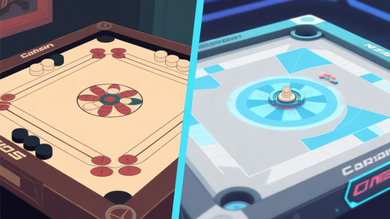 自动生成图片: A split-screen illustration showing the old vs new Carrom board. Left side: traditional setup with standard pieces. Right side: dynamic board with highlighted new piece mechanics and strategic zones, using a soft color palette of blues and greys, clean esports analytical style high quality illustration, detailed, 16:9