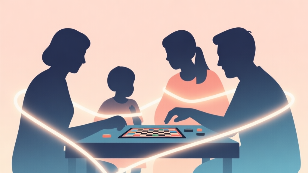 A minimalist abstract illustration of a family playing a board game, shown as interconnected silhouettes with soft glowing lines between them, warm and cool pastel color palette, clean lines, focus on connection and harmony high quality illustration, detailed, 16:9