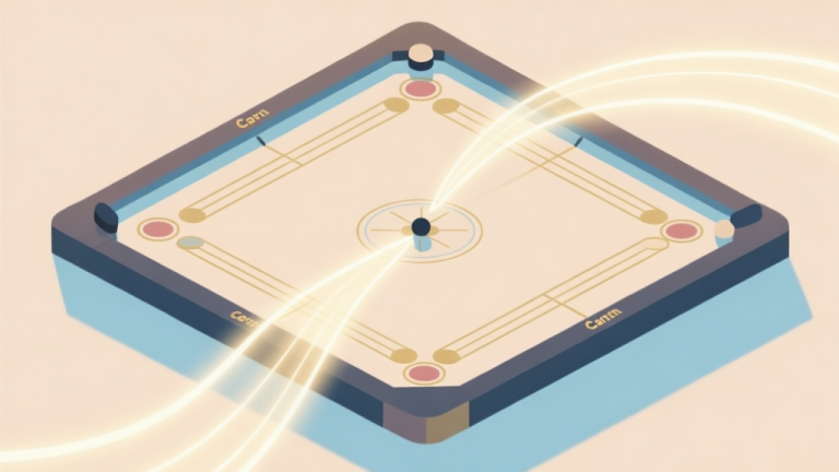 自动生成图片: A minimalist abstract illustration of a Carrom board from a top-down perspective, with soft glowing trails representing a striker's path, pastel color scheme of beige, soft blue and gentle gold, clean lines, digital art style high quality illustration, detailed, 16:9