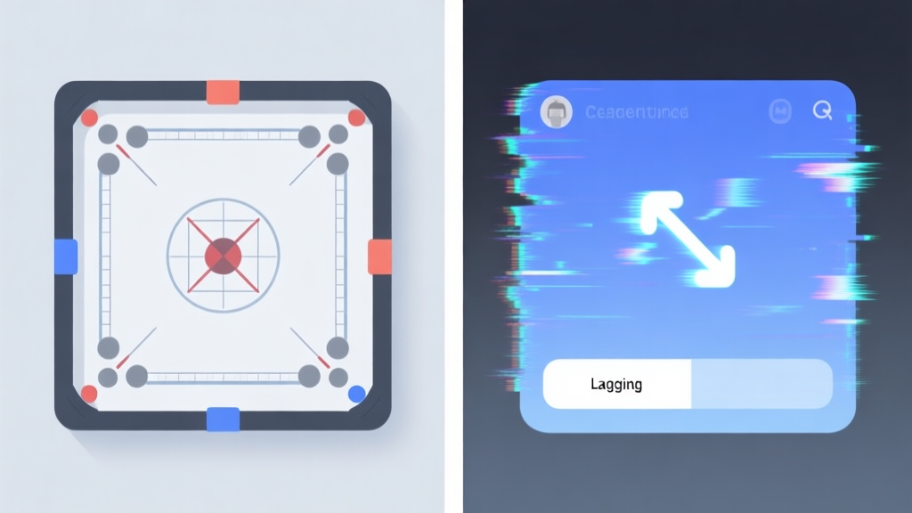 A split-screen illustration showing a smooth, clear carrom board interface on one side, and a glitchy, lagging interface with a disconnected symbol on the other, using a soft color palette of blues and greys, minimalist digital art style high quality illustration, detailed, 16:9