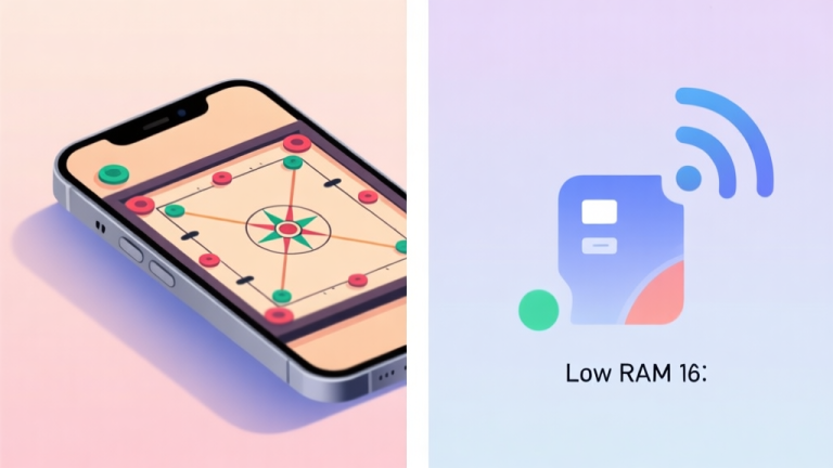 自动生成图片: A split-screen illustration showing a modern smartphone smoothly running a carrom game on one side, and abstract icons representing low RAM usage and stable signal bars on the other, soft pastel background, clean and minimalist digital art style high quality illustration, detailed, 16:9