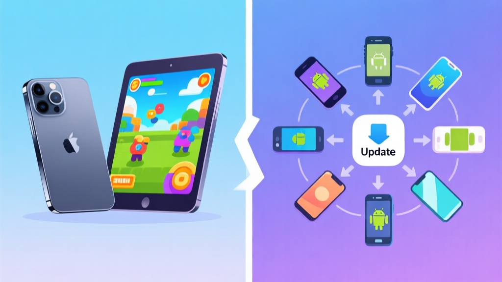 A split-screen illustration showing a sleek iPhone and iPad on one side with vibrant game visuals, and a collection of diverse Android phones on the other, connected by arrows to a central "Update" icon. Soft gradient background in blues and purples, clean and modern digital art style. high quality illustration, detailed, 16:9
