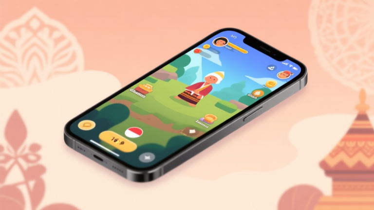 自动生成图片: A modern smartphone screen showing a popular mobile game interface with subtle Indonesian cultural motifs in the background, soft warm color palette, clean and inviting aesthetic high quality illustration, detailed, 16:9