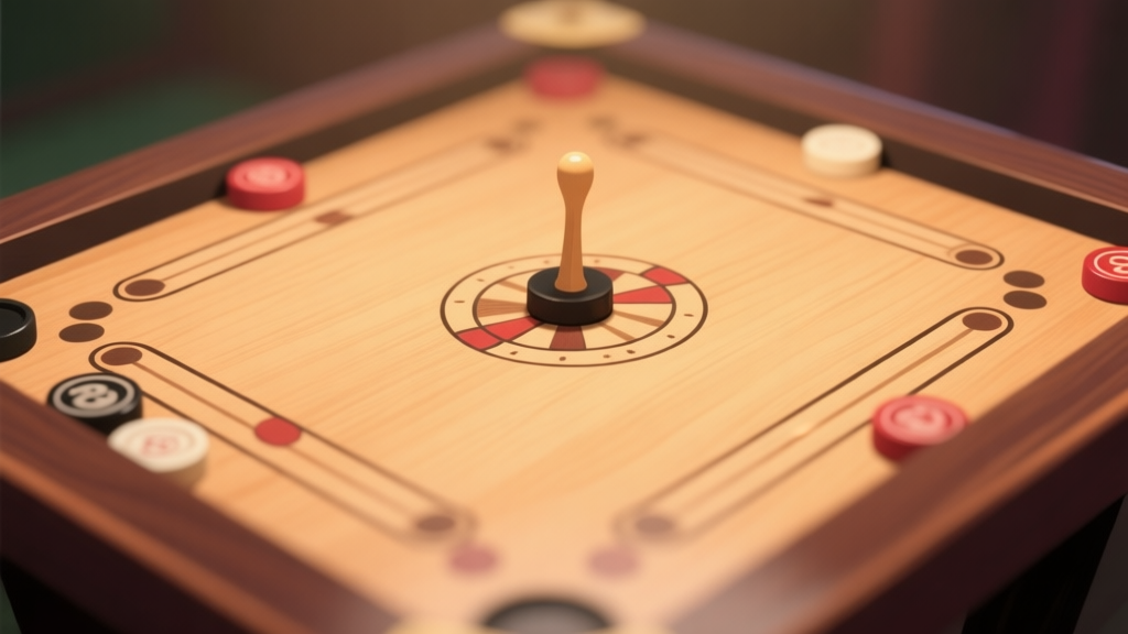 A top-down view of a Carrom board mid-game, with striker and pieces in strategic positions, soft focus on the center, warm wooden tones, minimalist gaming aesthetic, subtle depth of field high quality illustration, detailed, 16:9