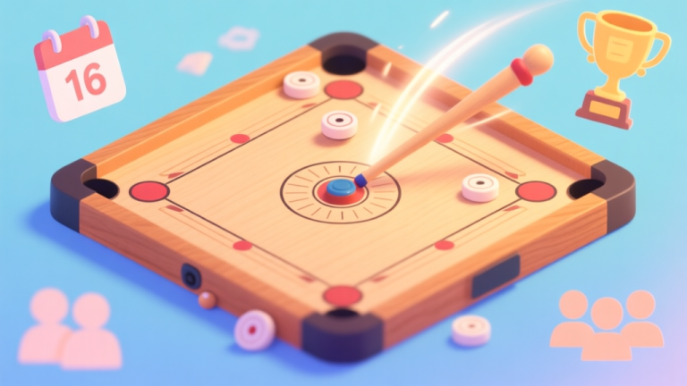 自动生成图片: A vibrant and warm illustration of a digital Carrom board viewed from above, with striker and pieces in motion, soft glow effects, surrounded by subtle icons of calendar (for weekly), trophy, and community. Pastel color scheme with dominant warm wood tones and soft blues, minimalist and inviting style. high quality illustration, detailed, 16:9