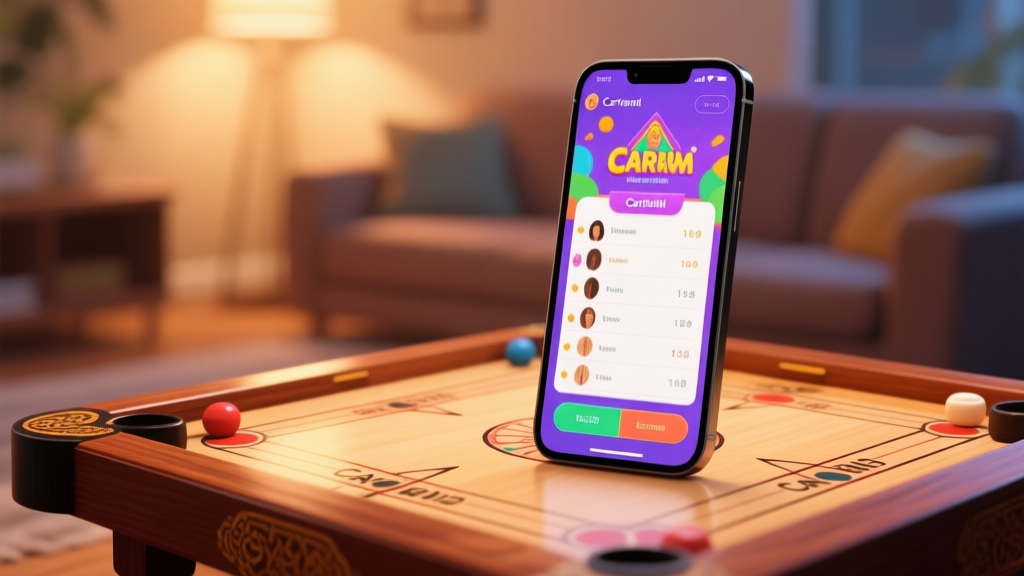 A modern smartphone screen showing a vibrant Carrom game interface with a leaderboard on the side, placed on a traditional wooden Carrom board. Soft, warm lighting, blurred background of a cozy living room. Digital art style, balanced composition. high quality illustration, detailed, 16:9