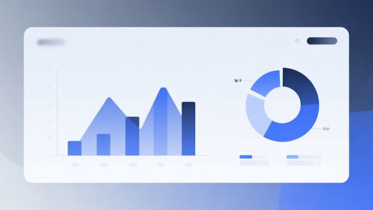 自动生成图片: Minimalist business dashboard with abstract data visualization showing a bar chart and pie chart, soft gradient background in muted blues and greys, professional color scheme, clean geometric shapes, flat design style high quality illustration, detailed, 16:9