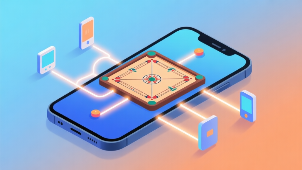 Abstract illustration of a smartphone screen showing a carrom board, with glowing connection lines radiating outwards to smaller devices, symbolizing community rumors and online connectivity, soft blue and orange gradient background, clean digital art style high quality illustration, detailed, 16:9
