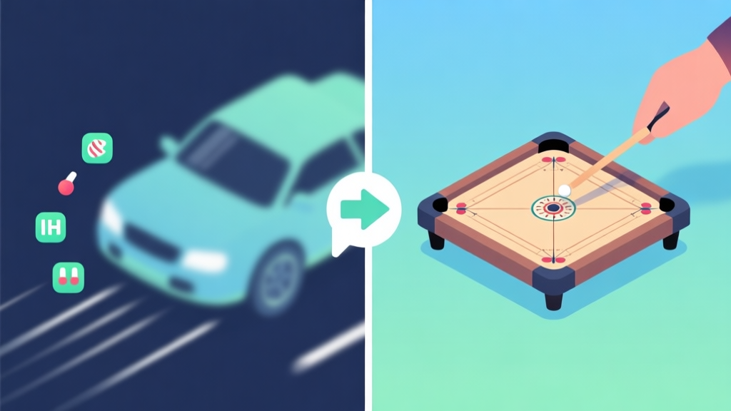 A split-screen illustration showing a comparison: left side with a blurry, lagging carrom board with high ping icons, right side with a crisp, clear carrom board and smooth striker animation, connected by an arrow symbolizing upgrade, soft blue and green color scheme, minimalist digital art style high quality illustration, detailed, 16:9