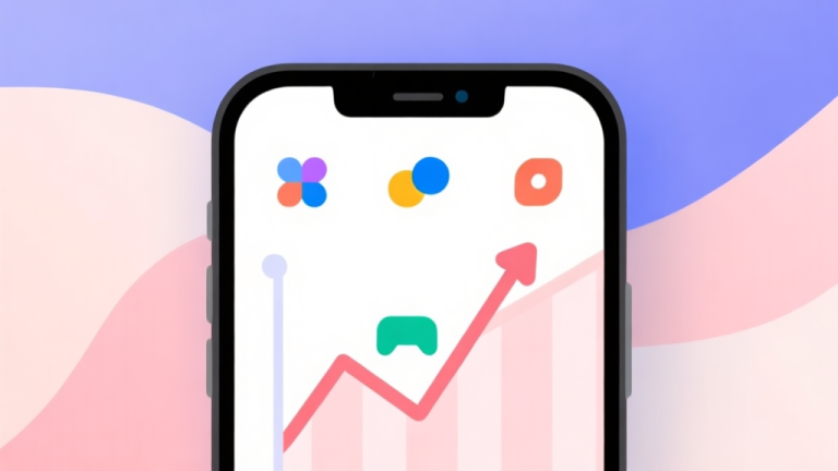 自动生成图片: A modern abstract illustration showing a smartphone screen with simple, colorful game icons, overlaying a graph with an upward trend line, soft pastel background, clean and minimalist design high quality illustration, detailed, 16:9