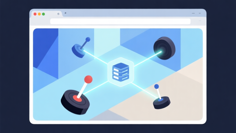 自动生成图片: Abstract illustration of a web browser window with geometric shapes representing game elements like pucks and strikers floating inside, connected by glowing lines to a server icon, soft blue and neutral color palette, clean and modern digital art style high quality illustration, detailed, 16:9