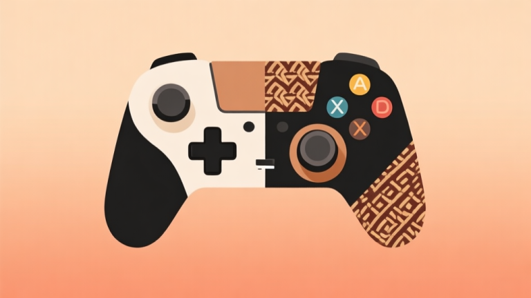 自动生成图片: An abstract, minimalist illustration showing a video game controller and a local product (like a woven pattern or batik motif) merging together. Soft gradient background in warm, earthy tones, clean lines, professional and modern style. high quality illustration, detailed, 16:9