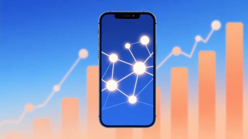 A minimalist abstract illustration showing a smartphone screen with glowing, interconnected nodes and rising bar charts in the background, soft gradient of blue and orange, clean and modern digital trend concept high quality illustration, detailed, 16:9