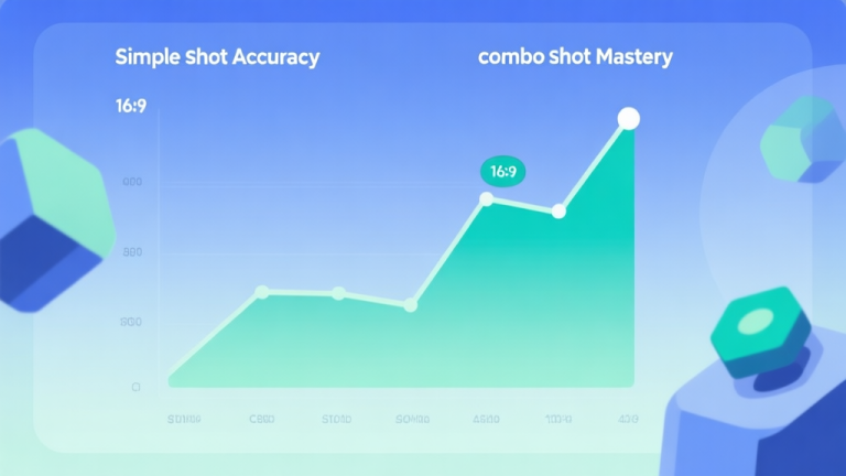 自动生成图片: Minimalist data dashboard showing a rising trend line from simple shot accuracy to combo shot mastery, with soft blue and green gradients, abstract geometric shapes representing game pieces, clean and modern visualization high quality illustration, detailed, 16:9