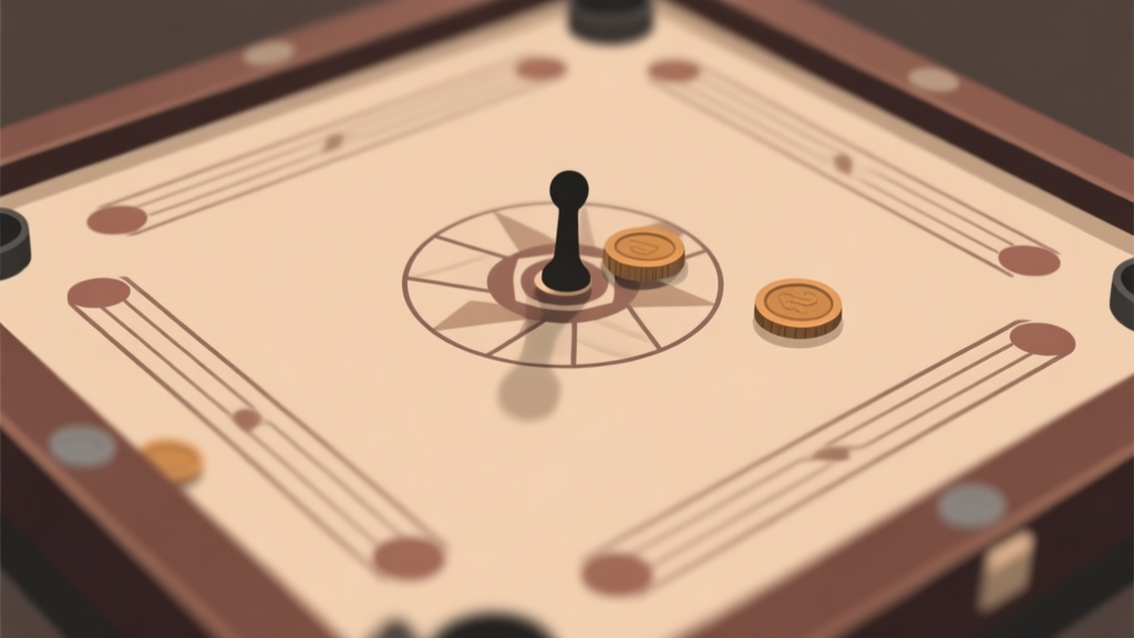 A top-down view of a carrom board with a striker and coins, soft focus on the center, muted earthy tones, clean and minimalist illustration, strategic game concept high quality illustration, detailed, 16:9