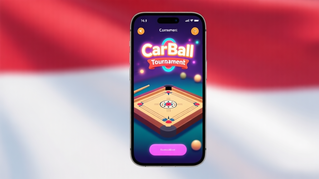 A clean, modern smartphone screen displaying a vibrant Carrom Ball game interface with a prominent "Tournament" banner, soft glowing effects, on a blurred background of Indonesian flag colors, minimalist and inviting design high quality illustration, detailed, 16:9