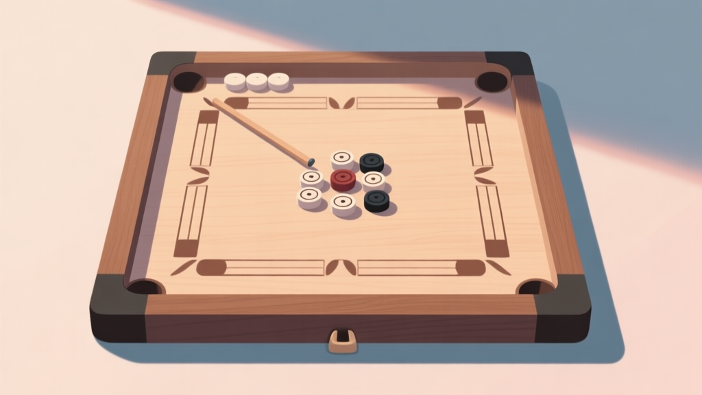 A balanced set of Carrom striker and pieces on a smooth wooden board, viewed from above, soft lighting, muted earth tones and pastel colors, minimalist composition, conveying fairness and equilibrium high quality illustration, detailed, 16:9