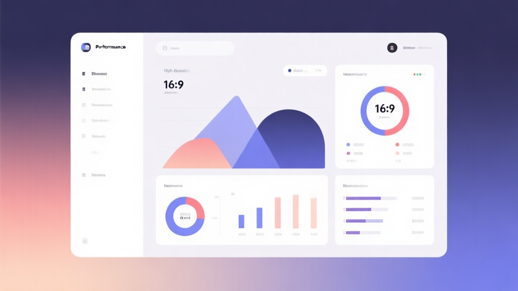 Minimalist business dashboard with abstract data visualization, soft gradient background, professional color scheme, clean geometric shapes, flat design style showing performance metrics high quality illustration, detailed, 16:9