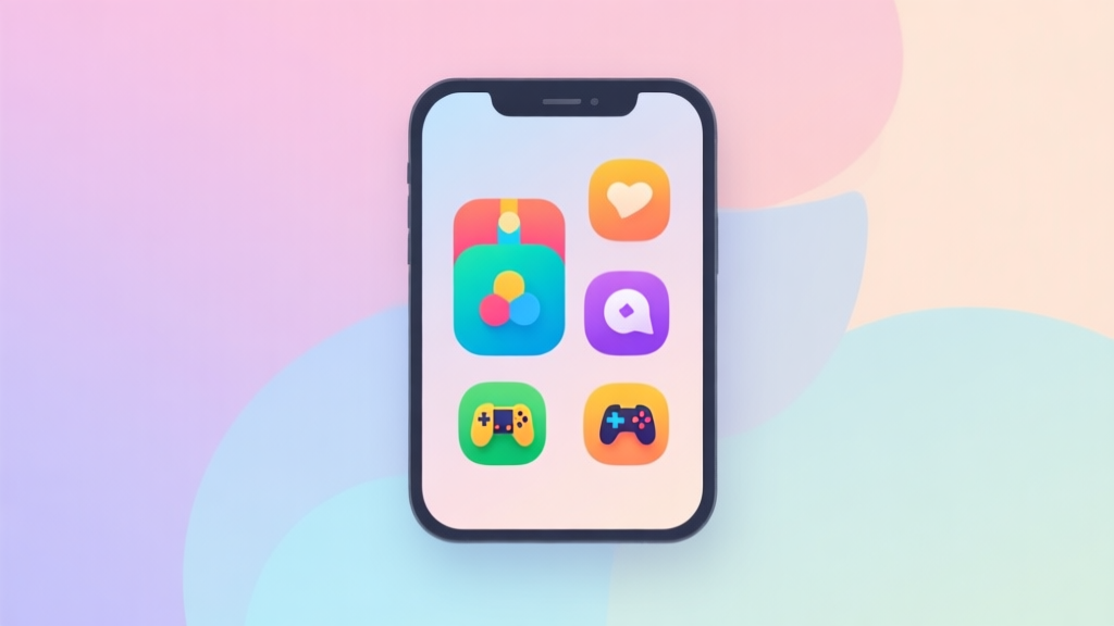 Minimalist smartphone screen showing colorful game icons, soft gradient background in pastel colors, clean modern design, abstract representation of mobile gaming popularity high quality illustration, detailed, 16:9