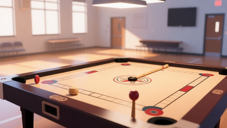 自动生成图片: A top-down view of a Carrom board in a modern, well-lit community hall, with soft focus on the striker and pieces, warm ambient lighting, minimalist composition, evoking a sense of focus and tradition high quality illustration, detailed, 16:9