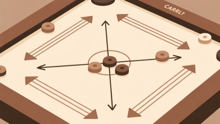 自动生成图片: A top-down view of a Carrom board with strategic lines and arrows drawn in a minimalist style, overlaying the pieces, soft beige and brown color palette, clean and analytical illustration high quality illustration, detailed, 16:9
